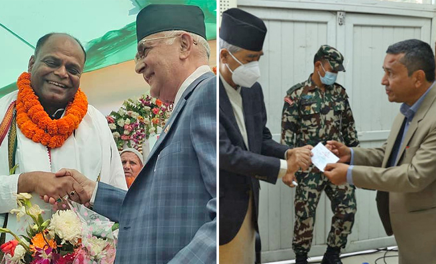 वीरगञ्जका मेयर विजय सरावगी एमाले प्रवेश गर्दै (बाँया) र सिन्धुपाल्चोकको बलेफी गाउँपालिका अध्यक्ष केदार क्षेत्री नेपाली कांग्रेस प्रवेश गर्दै ।